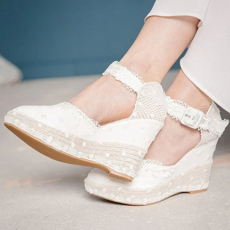 

White Lace Bridal Shoes Ankle Strap Polka Dot Tulle Platform Wedges