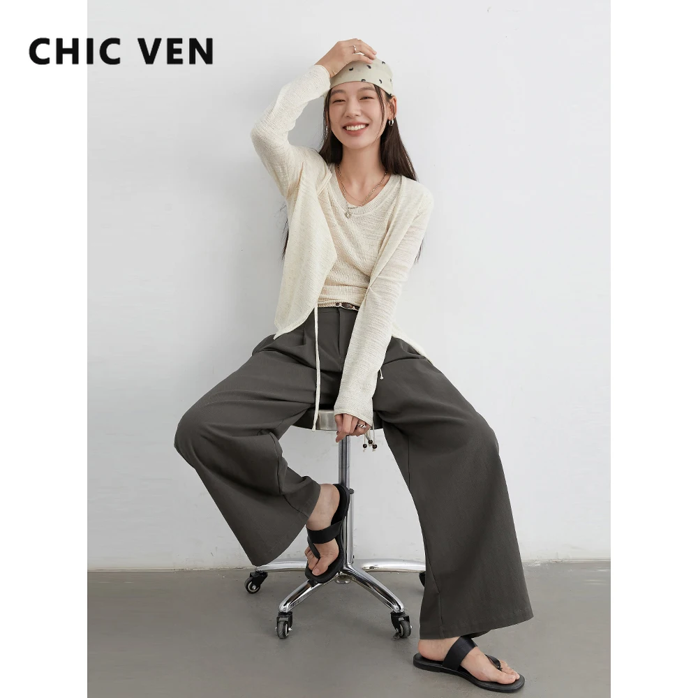 CHIC VEN Women Pants Casual Solid High Waisted Loose Pleated Wide Leg Suit Pant  Female Trousers Spring Autumn New 2025