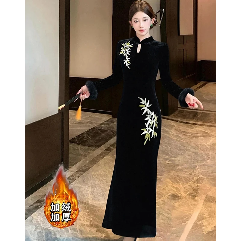 

Новое осеннее бархатное теплое платье 2026 года, женская одежда, новое платье-ципао в национальном китайском стиле, высококачественное, модное, повседневное, длинное платье