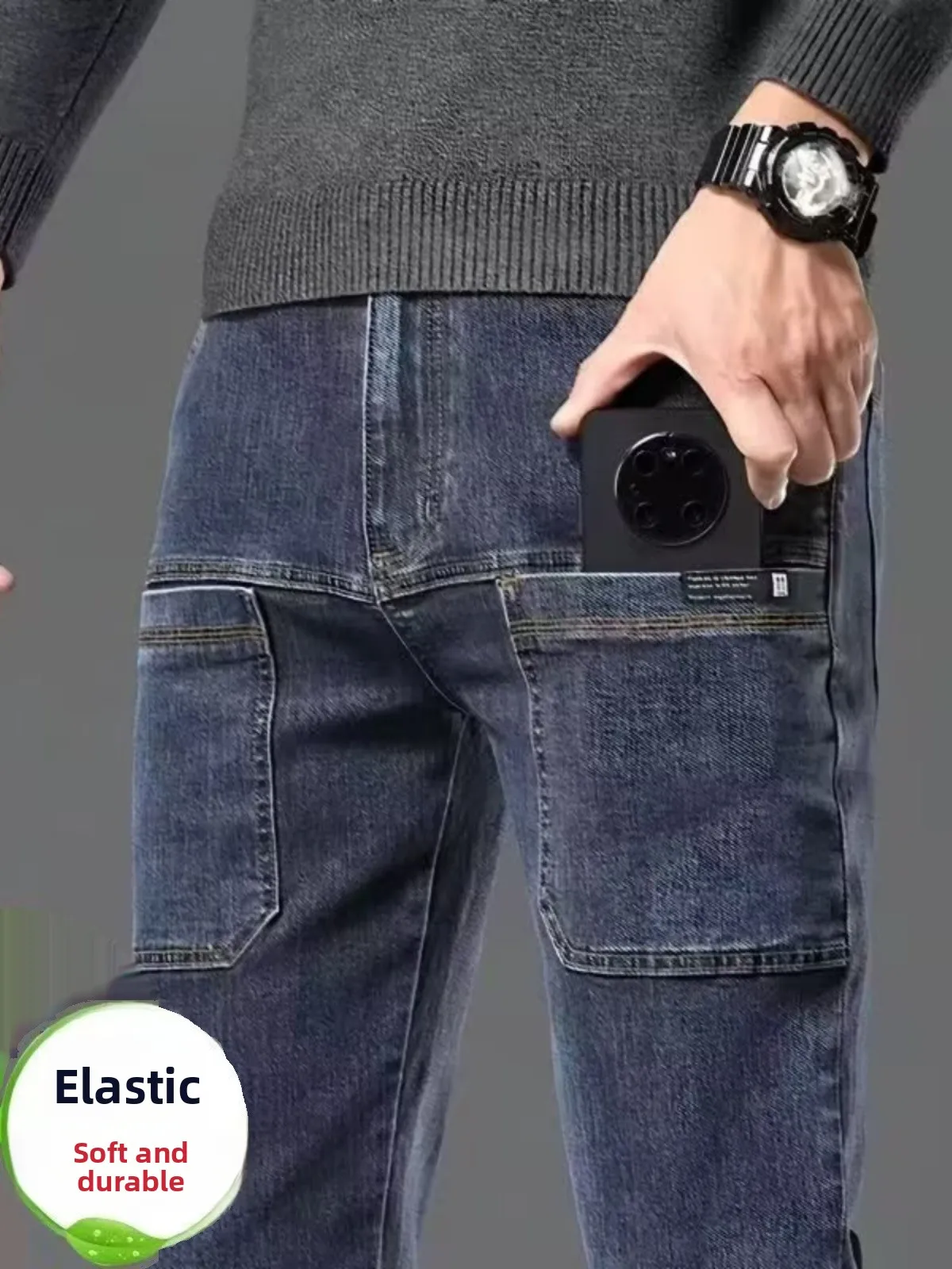 

Men's Loose Fit Elastic Waist Jeans Six kets Long Trousers Workwear Wear Resistant Spring Autumn Straight Leg Denim Jeans