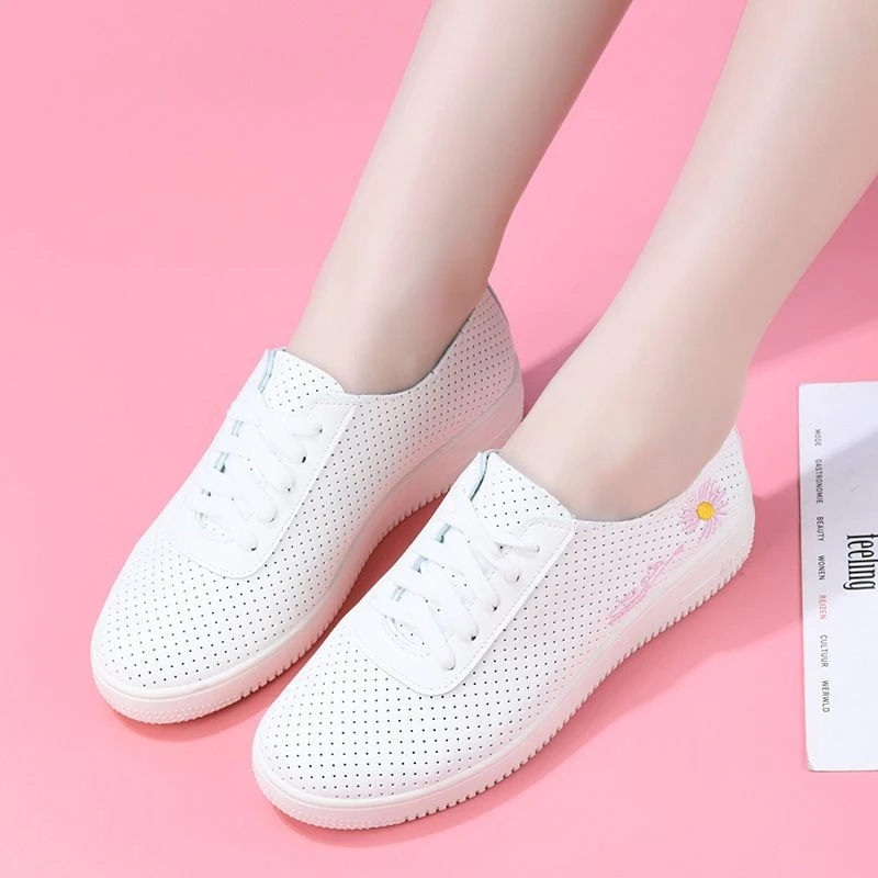 

Women Summer New White Leather Sneakers Perforated Mesh Breathable Casual Shoes Soft Sole Non Slip Student Footwear