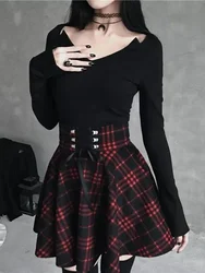 Preto xadrez saia gótica feminina plissado saias xadrez primavera outono menina hip hop feminino punk goth mini saia clubwear