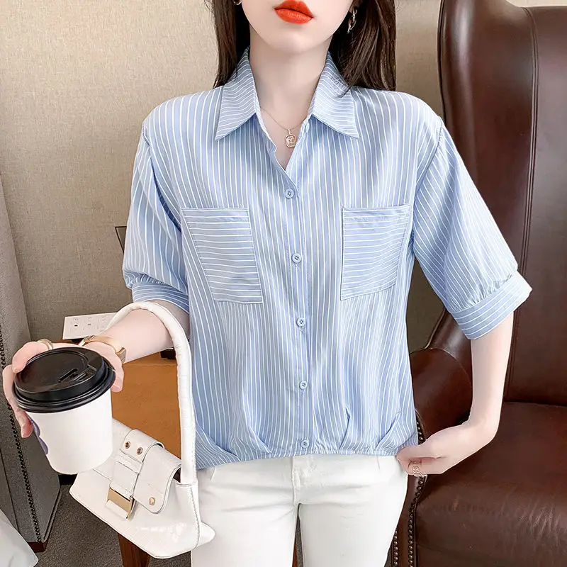 

Blue Striped Shirt Women's Summer 2025 New Collection Waist Print Loose And Fashionable Versatile Short Sleeved Design Top
