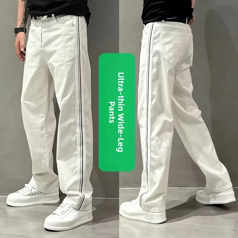 

High-End White Men's Jeans 2025 New Simple Slim Fit Side Stripe Loose Straight Leg Long Pants Versatile Casual Cotton Stretch...