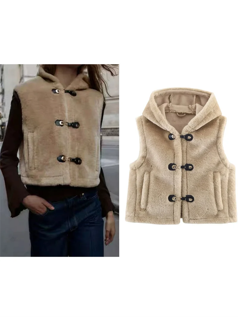 

Новая осенняя женская мода 2025: милый и стильный флисовый жилет без рукавов с капюшоном и пуговицами с карманами