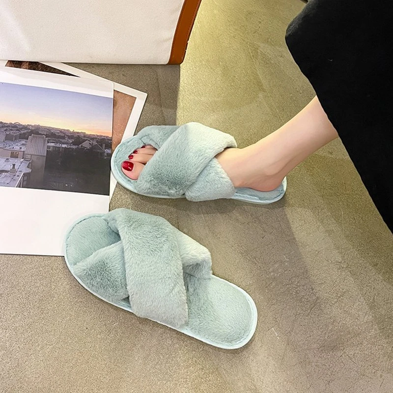 Winter New Leisure Fashion Round Head Solid Color Sweet Woman Slippers Flat Comfortable Suede Sponge Bottom Cotton Slippers