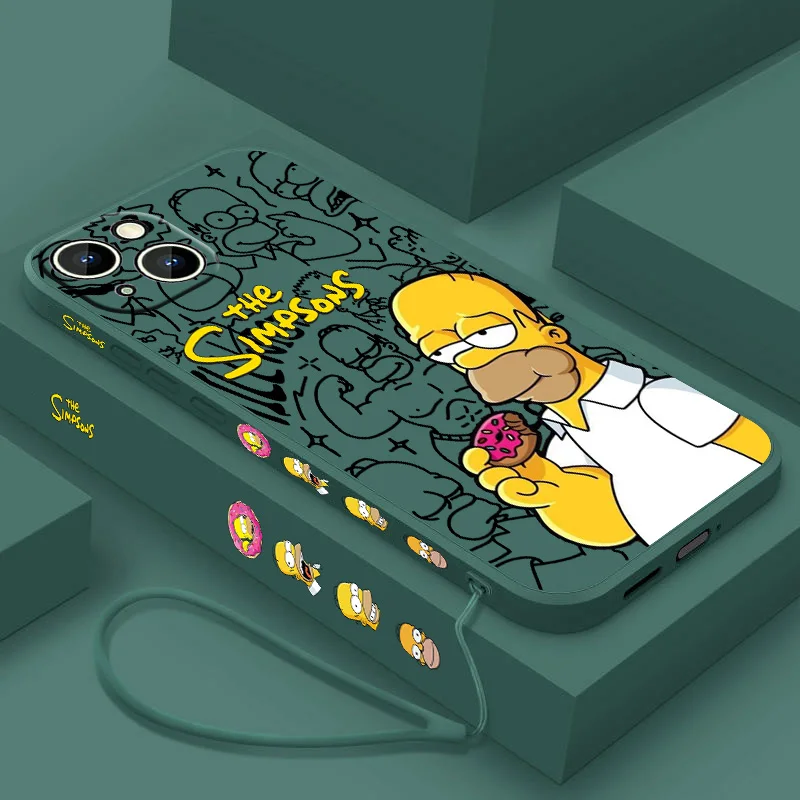 Disney The simpsons Cute Liquid Left Rope Phone Case For iPhone 15 14 13 12 11 Pro Max Mini X XR XS 8 7 Plus Silicone Soft Cover