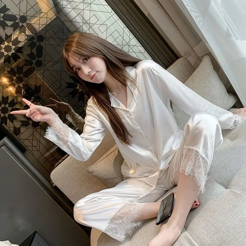 Pijamas Women Silk Nightgown Spring Autumn Long Sleeve Trousers Sexy Lace Sleepwear V-neck Loose Casual Simple Thin Pajama Sets