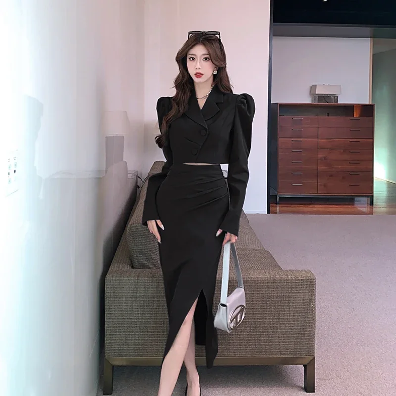 UNXX 2023 Korean Style Fashionable Bubble Sleeve Short Blazer Irregular Slit Midi Skirt Coord Set  Autumn Spring Office Lady Top