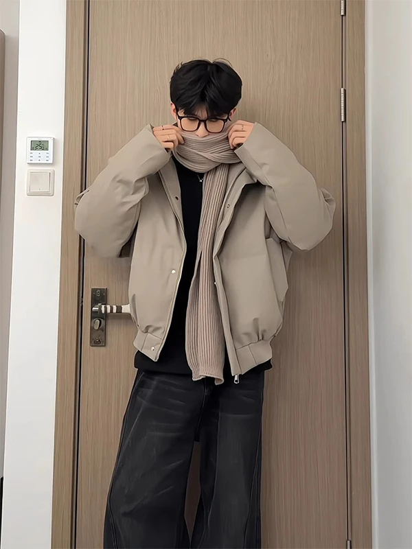 

American Retro PU Leather down Jaet Men Winter Thi ort ape CleanFit Cotton Coat Stand Collar Bread Sle Men's Clothes