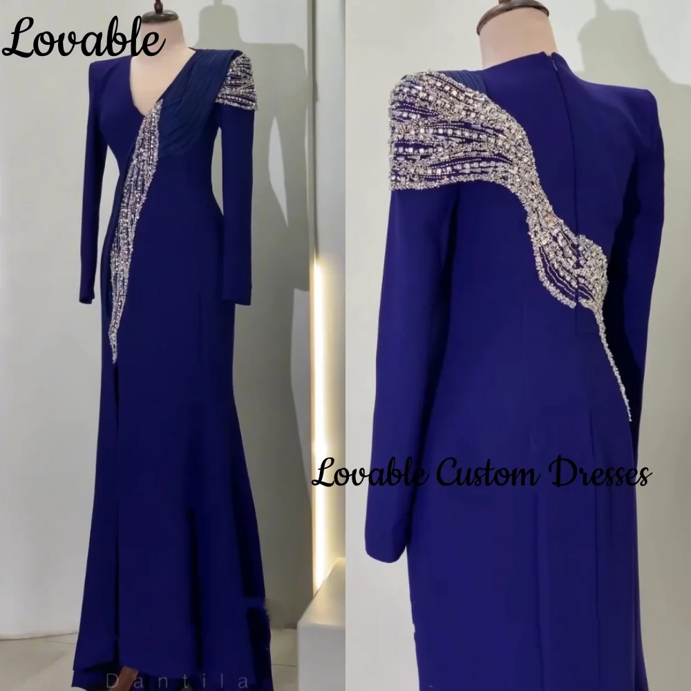 

A-Line Split Customize Formal Occasion Dresses V-Neck Floor-Length Beadings Women'S Evening Dresses Zipper Up Long Sleeves Prom