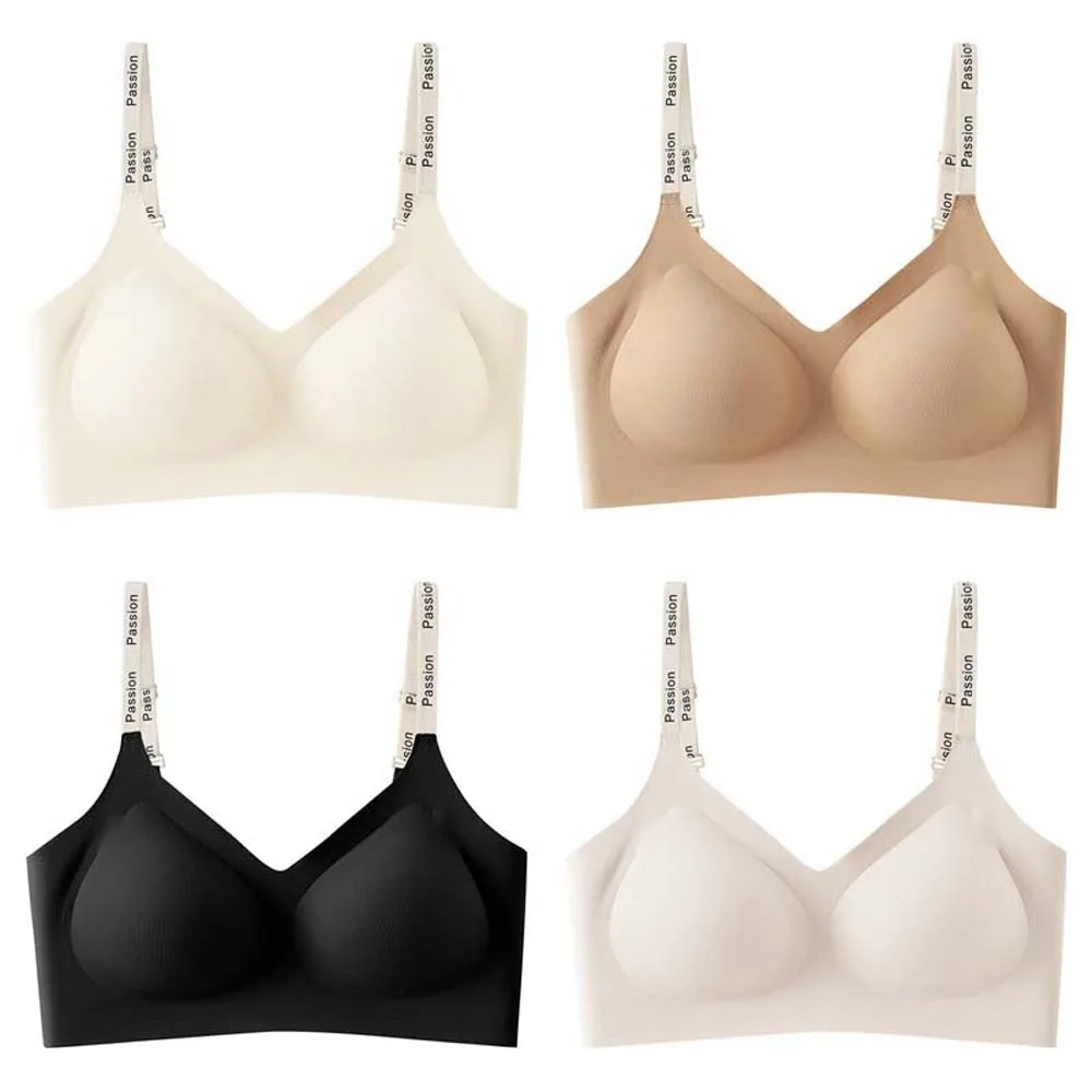英語レタープリントワイヤレスディープVブラ、耐震性、ぴったりフィット、プッシュアップ、寄せ上げ効果のあるシームレスブラ、跡が目立たない