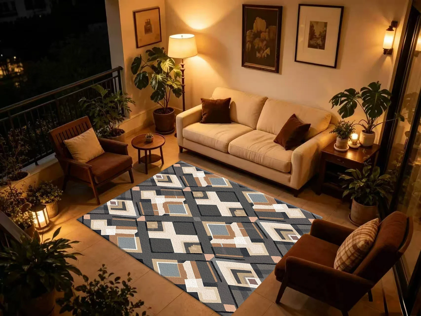 Neutral Muted Boho Geometric Diamond Carpet Flooring, Modern Abstract Non-Slip Area Rug for Living Room Bedroom Home Floor Decor