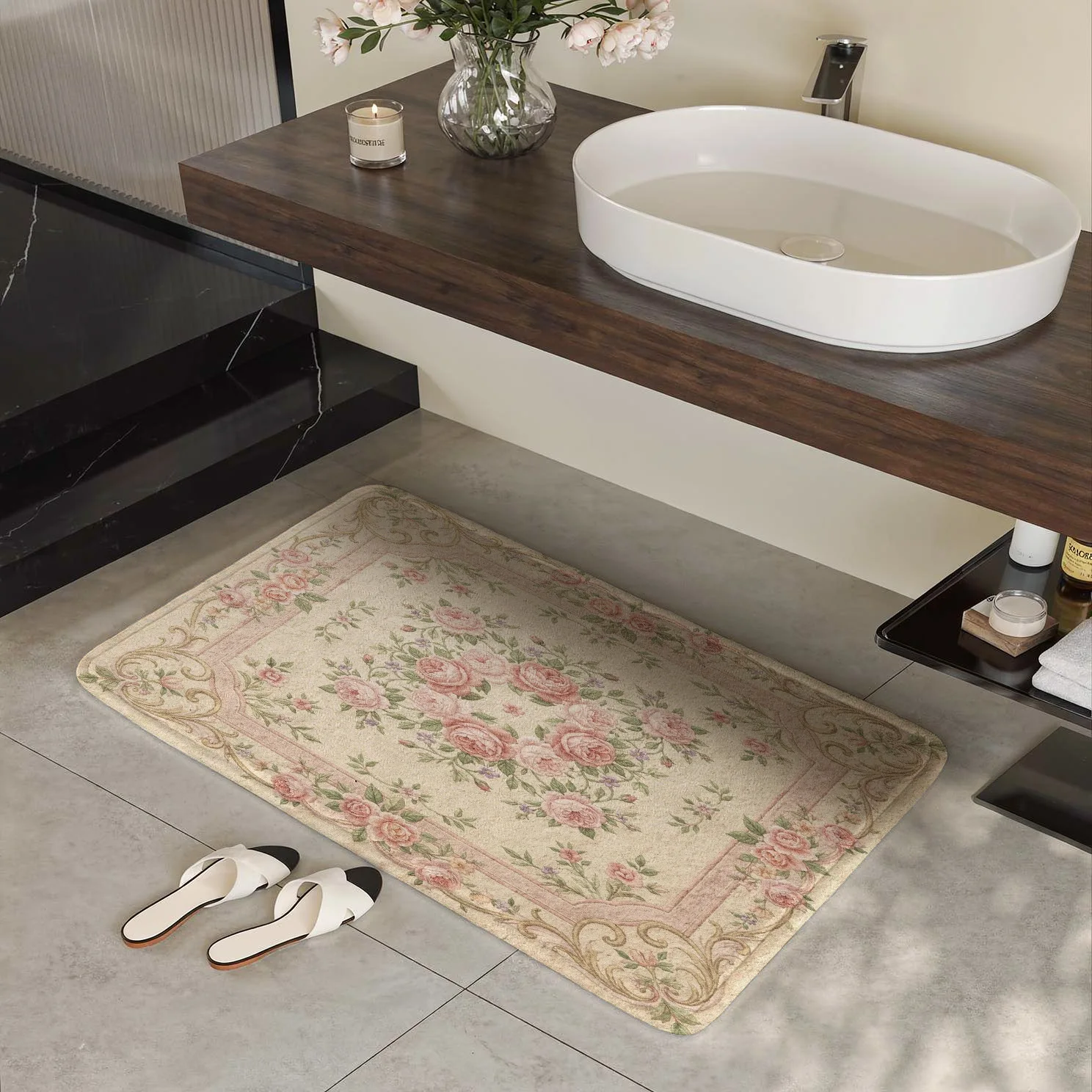 Beige Floral Pattern Area Rug for Living Room Hallway Indoor Mat Cottage Style Shabby Chic Romantic Flower Design Decor Carpet R