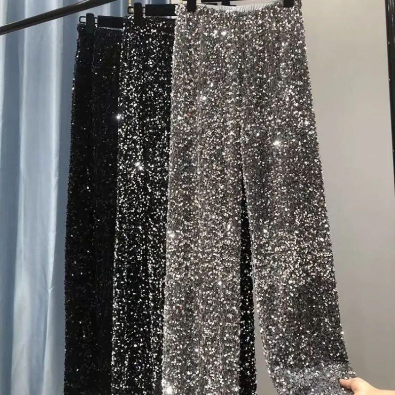 

2026 Spring Autumn New Thickened Pants Large Long Leg Pants Feeling Dragging the Floor High Waist Shining and Extended Glitter