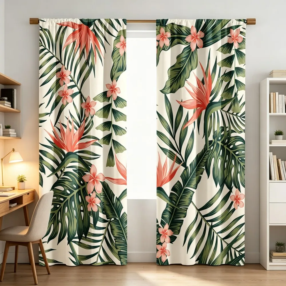 2PCS Digital Print Curtains Tropical Bird of Paradise Floral Rod Pocket
