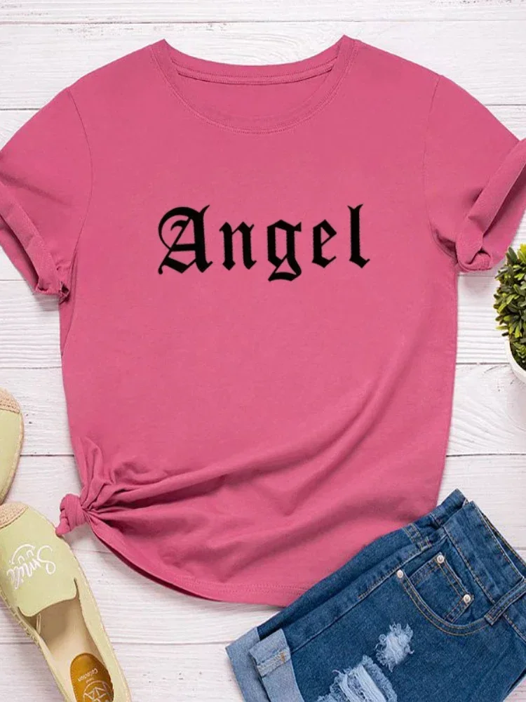 Angel Letter Print Women T Shirt Short Sleeve O Neck Loose Women Tshirt Ladies Tee Shirt Tops Clothes Camisetas Mujer