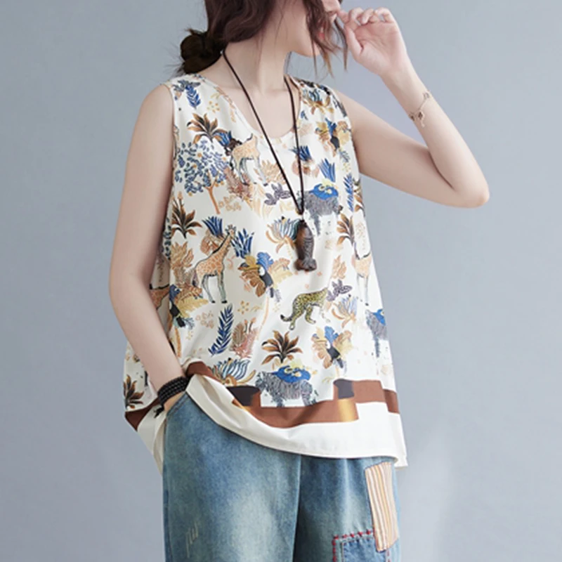 Groot formaat katoenen linnen bedrukt vest Svel V-Ne buikverhullende anti-aging basis irt losse pasvorm zomertop voor plus S...