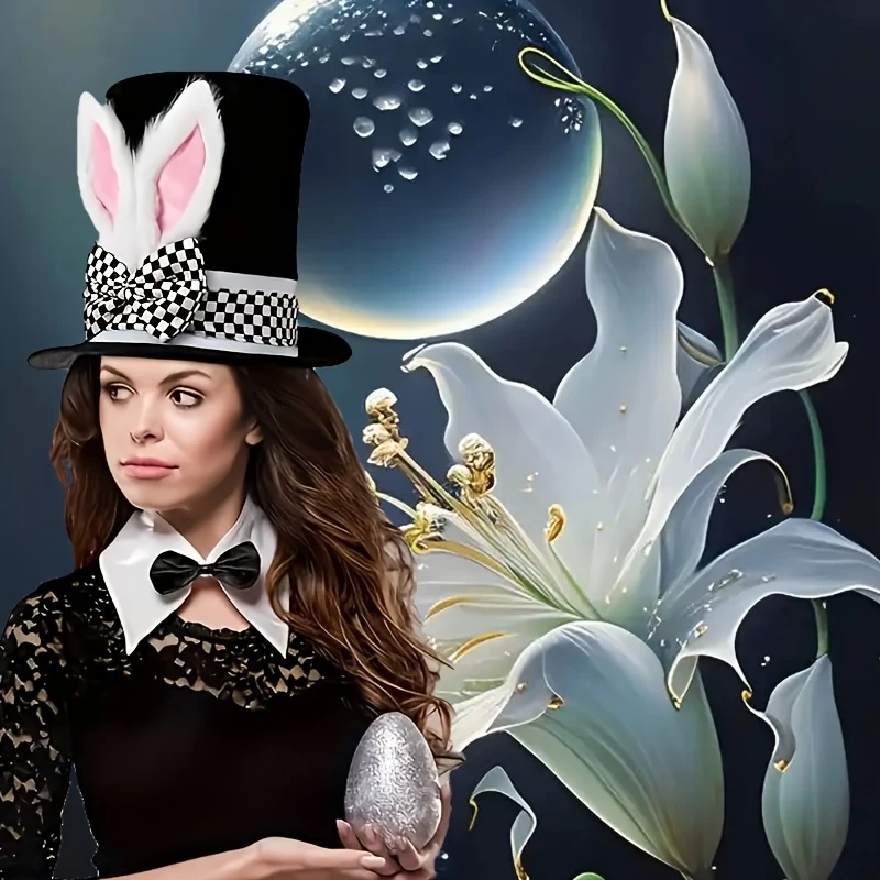 3pcs Set Easter Bunny Costume Plush White Rabbit Top Hat Pocket Watch, Bow Tie for Easter, Halloween Christmas Dress-Up Parties view 2