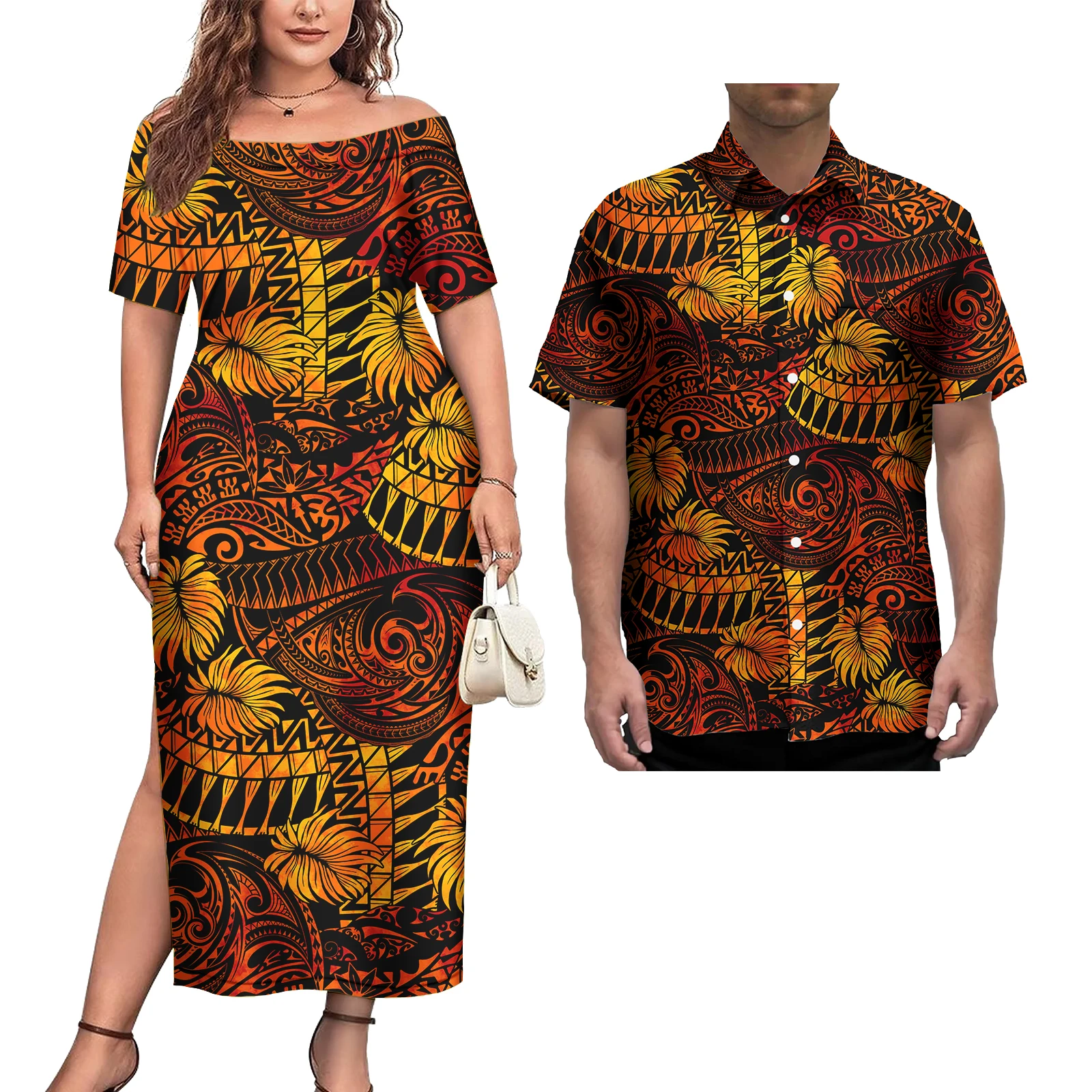 Couple Outfit 2Pcs Sets Ladies Evening Dresses Polynesian Pattern Design Classic Mens Hawaiian Shirts Match Women Plus Size Dres