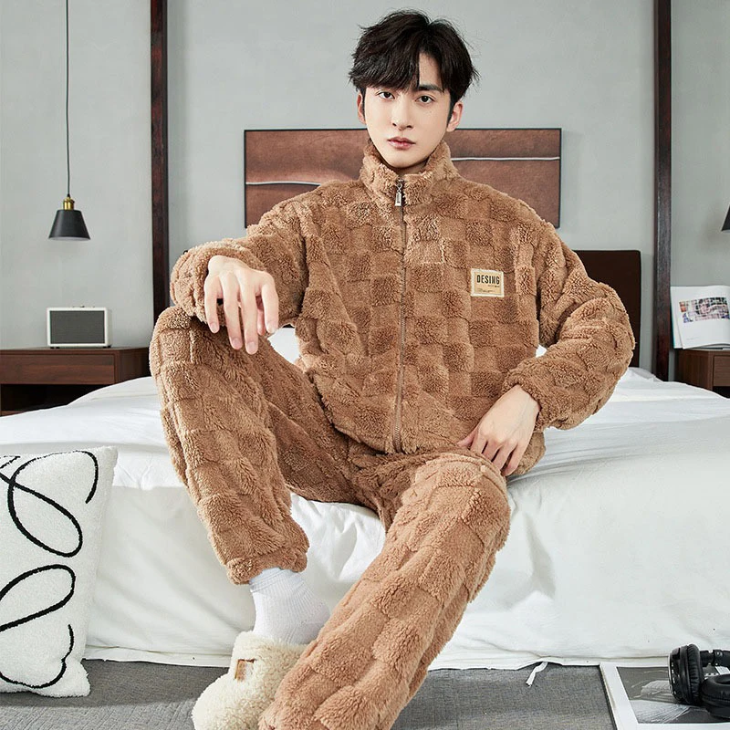 Long Plush Men's Pajamas Plaid Flannel Pyjama Pants 2 Piece Home Wear Man Velvet Thickened Sleepwear Zipper Pj Autumn And Winter