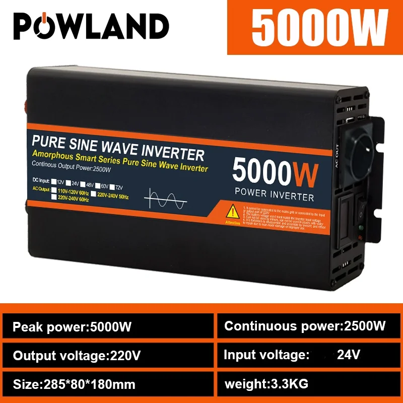 POWLAND 5KW 8KW 12KW Hoge-vermogen 50Hz/60Hz EU-stekker Auto-omvormer Zuivere Sinusgolf DC 12V naar AC 220V 230V LED Auto-omvormer