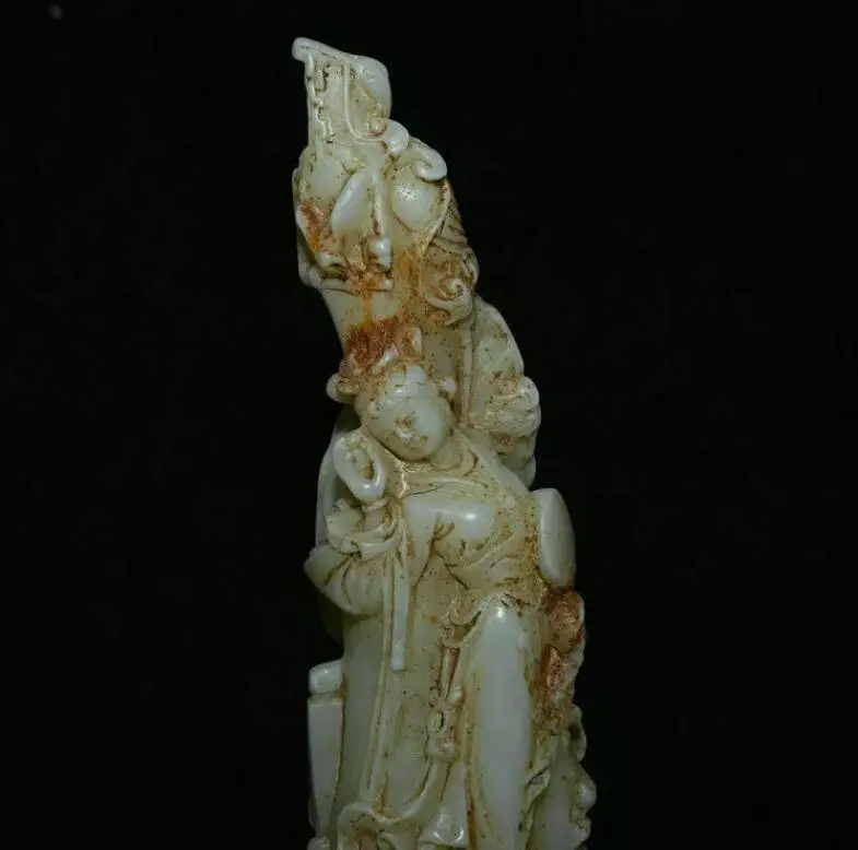 8.2" Old Chinese White Jade Carving Beauty Belle Flower Statue Sculpture image 2