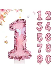 Birthday Number Candles, Pink Butterfly Sequin Happy Birthday Cake Candles for Ins Pink Theme Birthday Party Decoration,Handmade