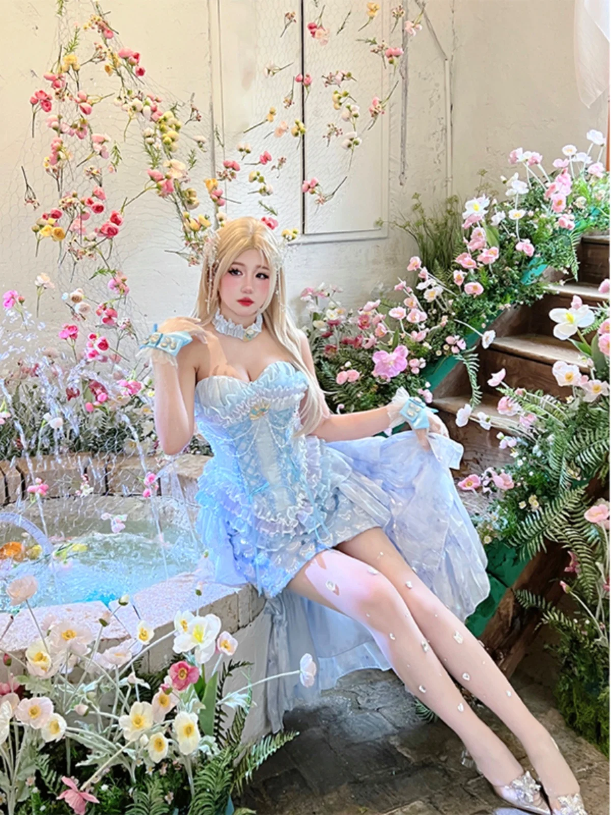 

Original Japanese Harajuku Cool Girl Lolita Slim Blue Skirts Sweet Kawaii Romantic French Gentle Temperament Lace Skirt Set