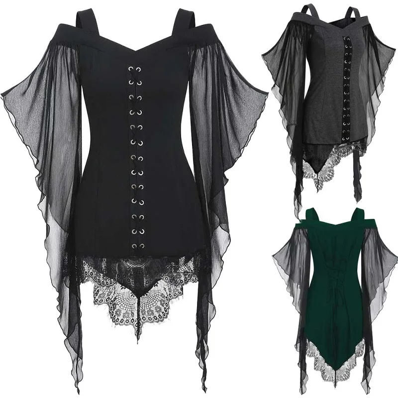 New Gothic Floral Lace Panel T-shirt Black Sweetheart Neck Cinched Lace-trim Flare Sleeves Tops For Women Streetwear Tee