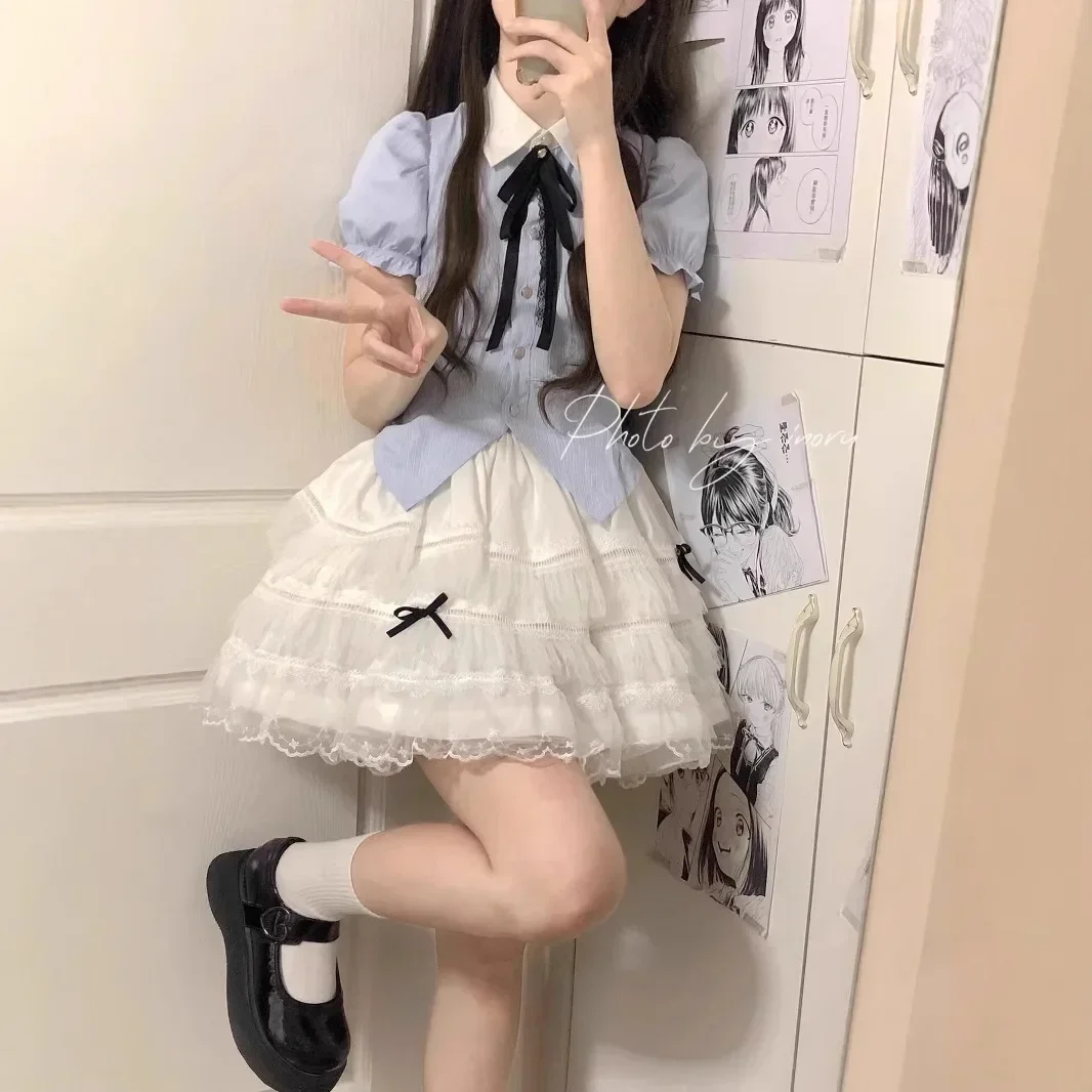 

2025 new Summer Sweet Korean Style PO LO Collar Puffy High Waist Design Women's Shirt Skirt Set Polyester Fiber Short Skirt Set