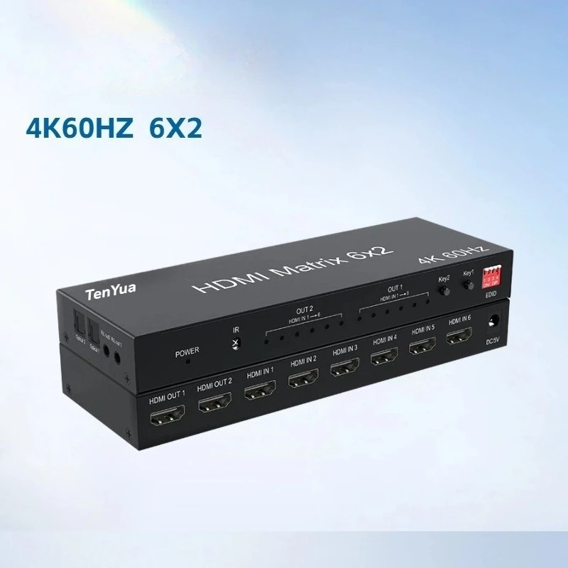 4K@60Hz HD Matrix Switch 6 in 2 out HDTV Video Spliitter Switcher 6x2 with Optical 3.5mm Audio Extractor for Laptop PC Monitor