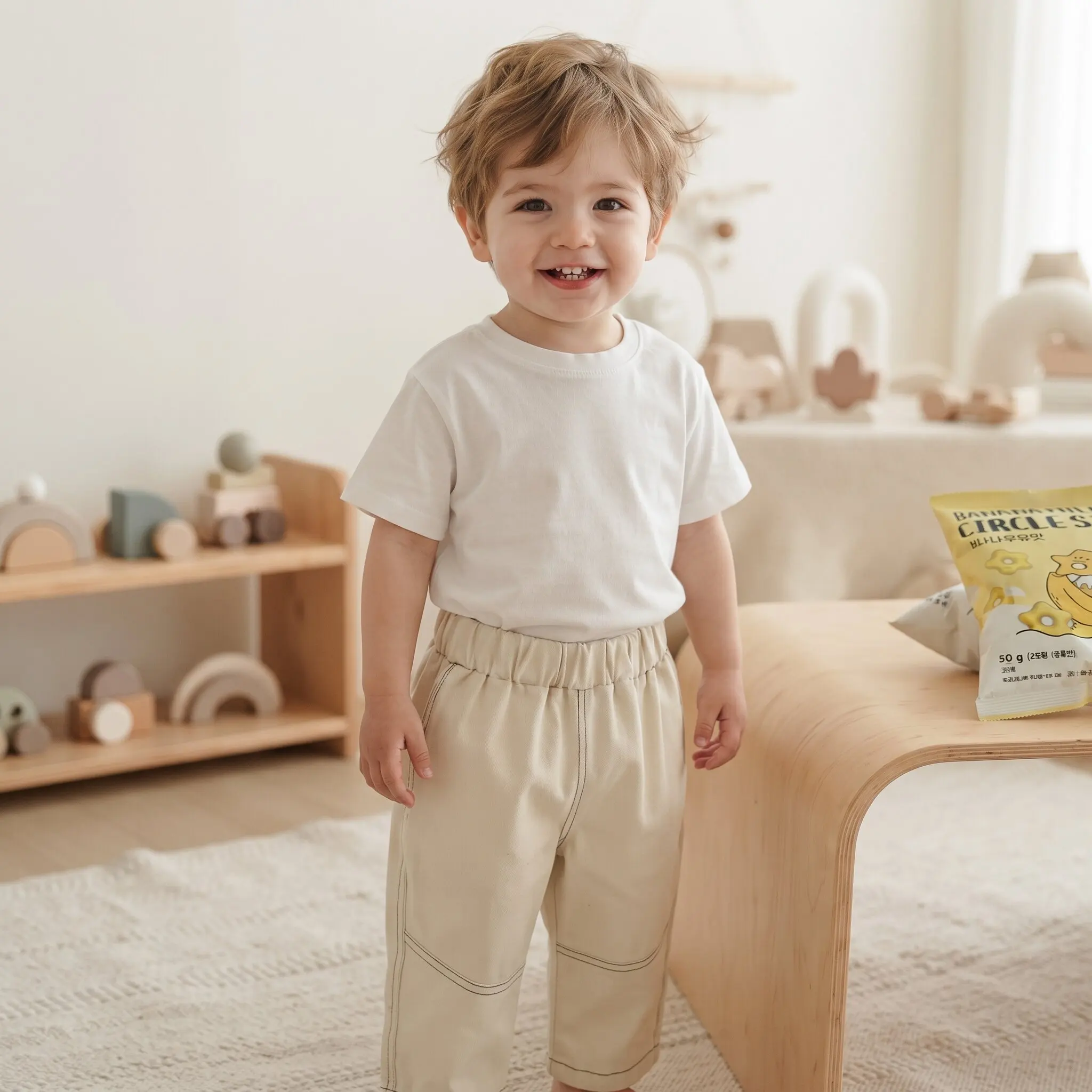 Korean Baby Beige Stitched Cargo Pants,Unisex Infant Elastic Waist Contrast Stitching Versatile Casual Trousers