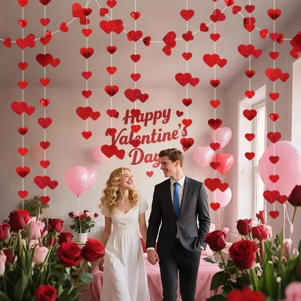 Durable 4m Hanging Love Streamer Glitter Romantic Wedding Garland Easy To Install Reusable Heart Shape String Wedding