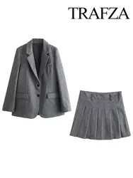 TRAFZA Spring Women Fashion 2 Piec Set New Lapel Long Sleeves Blazer Coat + Sexy Party Hotsweet Female Mini Pleated Skirts