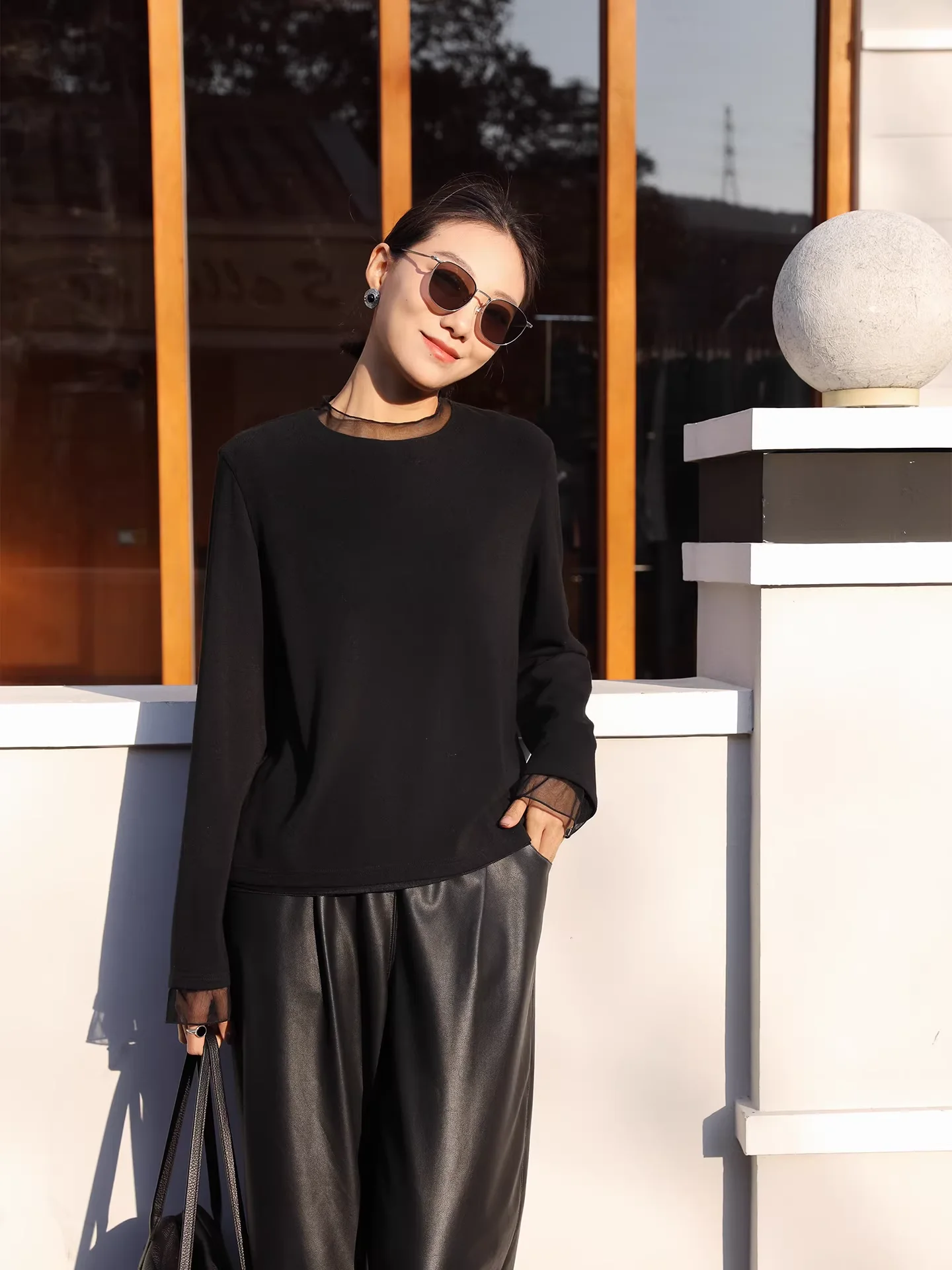 

Bla Splice Net Wool Knitted Base irt round Ne Women's Faion Winter Warm Slim Fit Casual Sle Long Sve Top