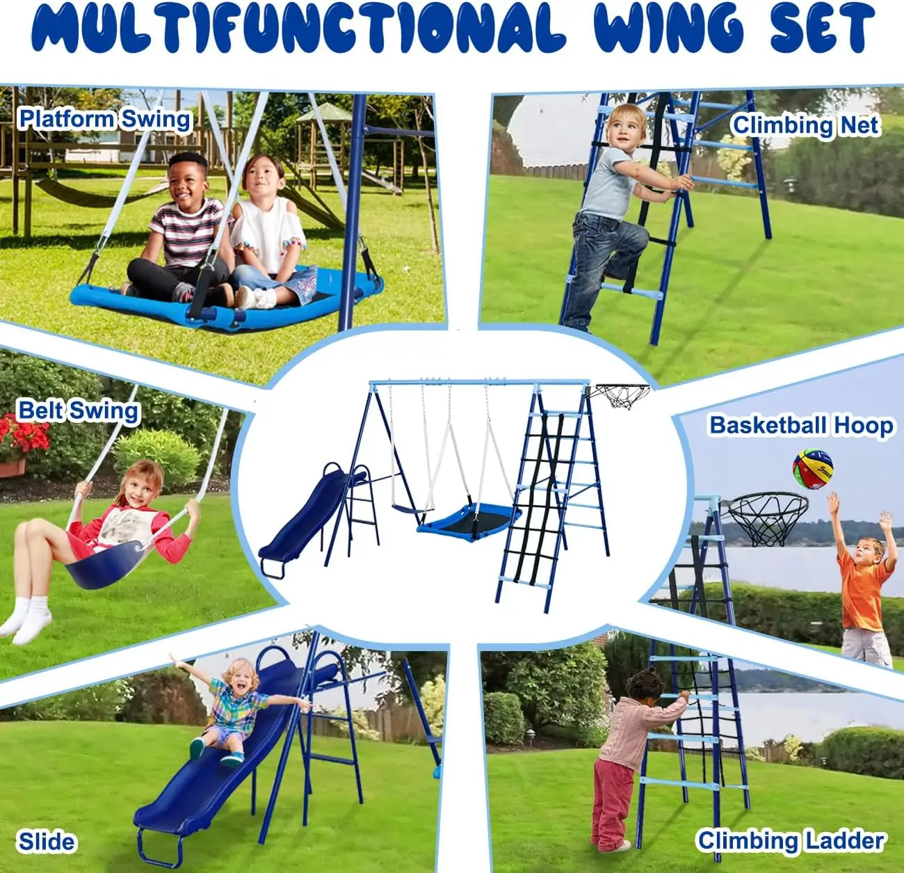 600lbs   Set for Backyard with Heavy Duty A-Frame Metal Swing Stand, Belt Swing, Platform Swing, Slide, Climbing Net &