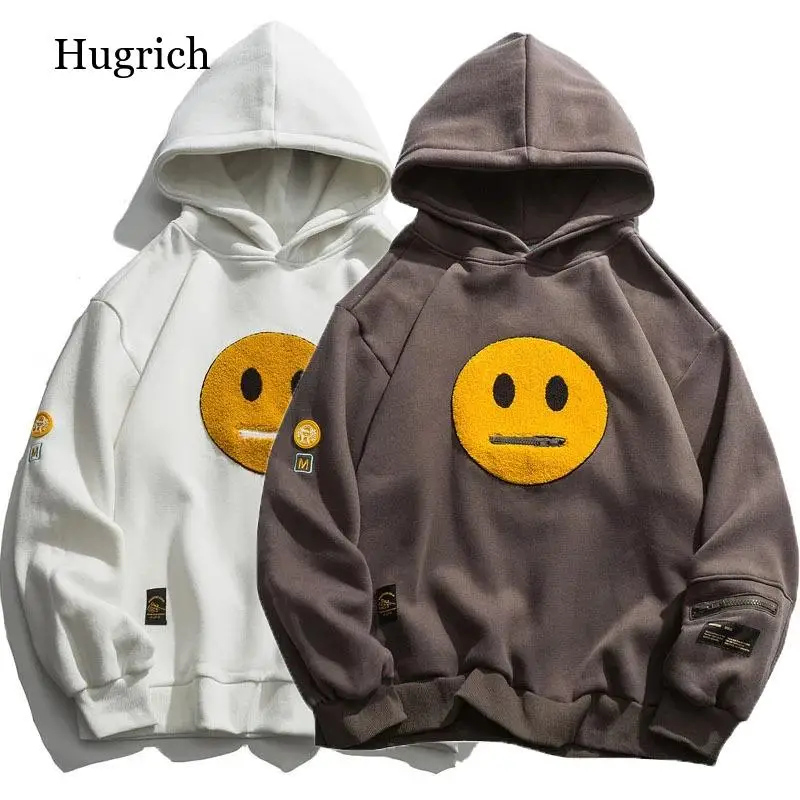 

Zipper Pocket Smile Face Patchwork Fleece Hoodies Sweatshirts Streetwear Mens Hip Hop Casual Pullover Hooded Male Tops
