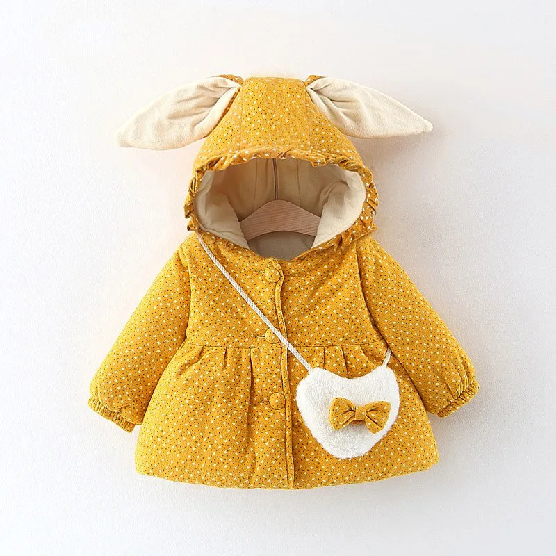 Winter Girls\' Cotton Coat New Children\'s Clothing Sweet Small Floral Cartoon Rabbit Ear Hooded Jacket With Heart Bag