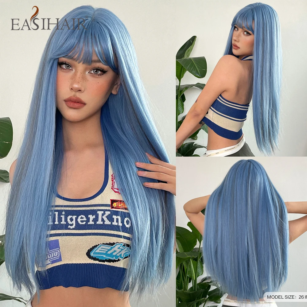 EASIHAIR Lange seidige gerade synthetische Perücken mit Pony, schwarze Cosplay-Party-Lolita-Haarperücken für Frauen, natürliche hitzebeständige Perücke