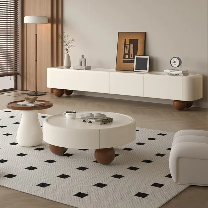 Solid wood paint TV cabinet household living room simple cream wind storage cabinet TV cabinet coffee table combination
