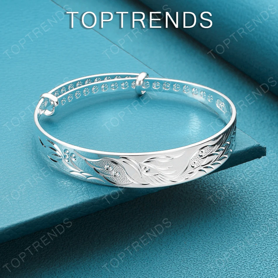 Classic 925 Sterling Silver Phoenix Carved Push-Pull Bangle For Women Engagement Wedding Party Exquisite Jewelry Accessories