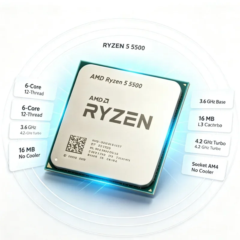 AMD R5 5500 6‑Core 12‑Thread AM4 CPU 3.6GHz Base Frequency 7nm 16MB L3 Cache 65W TDP No Cooler