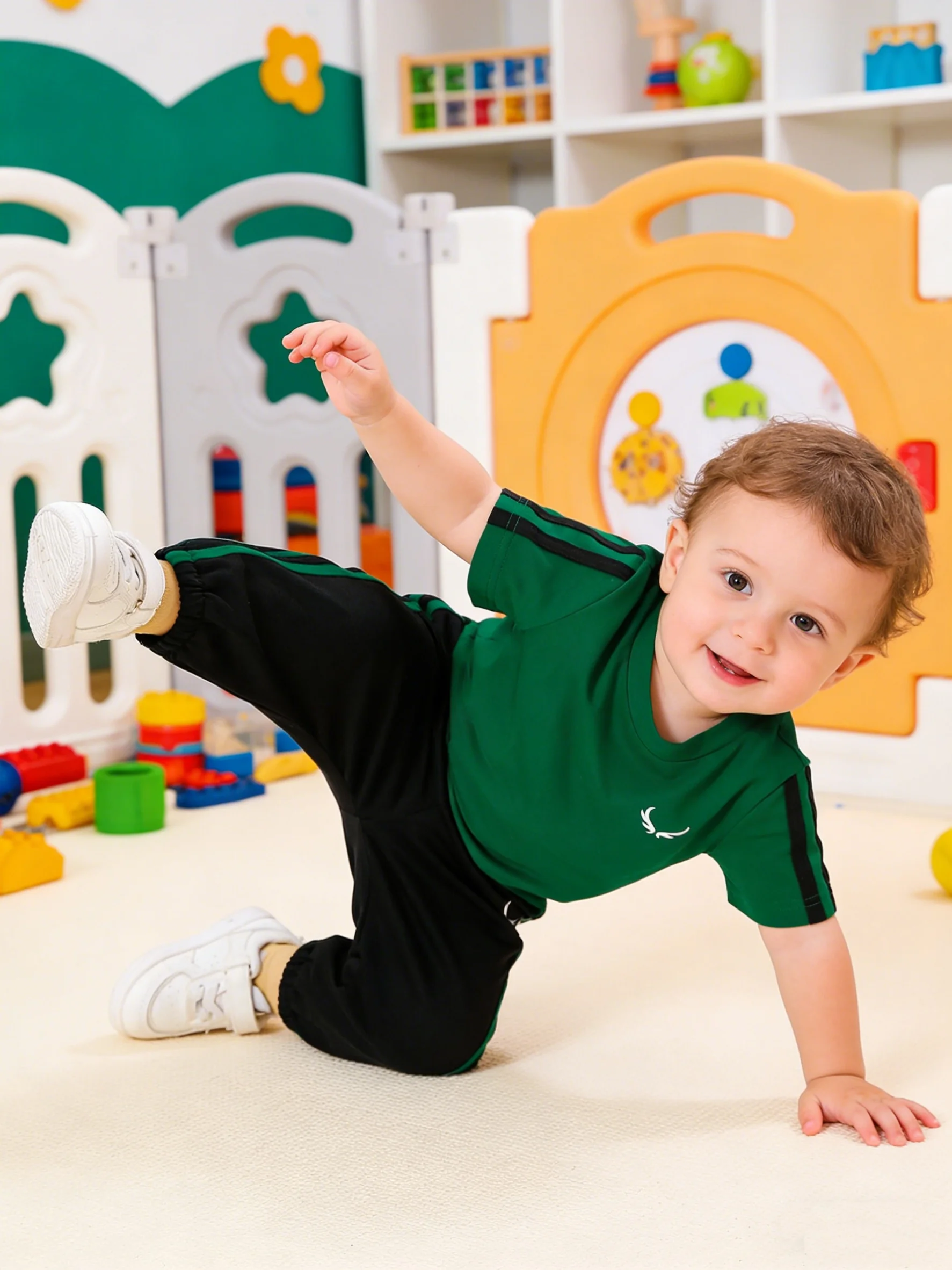 Summer New Arrival Baby Boy Sportswear Set Green And Black Color Block Outfit for Infants