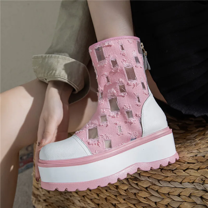 European Station Spring Summer New Hollow Hole Net Boots British Punk Muffin Thick Bottom Heightening Breathable Cool Ankle