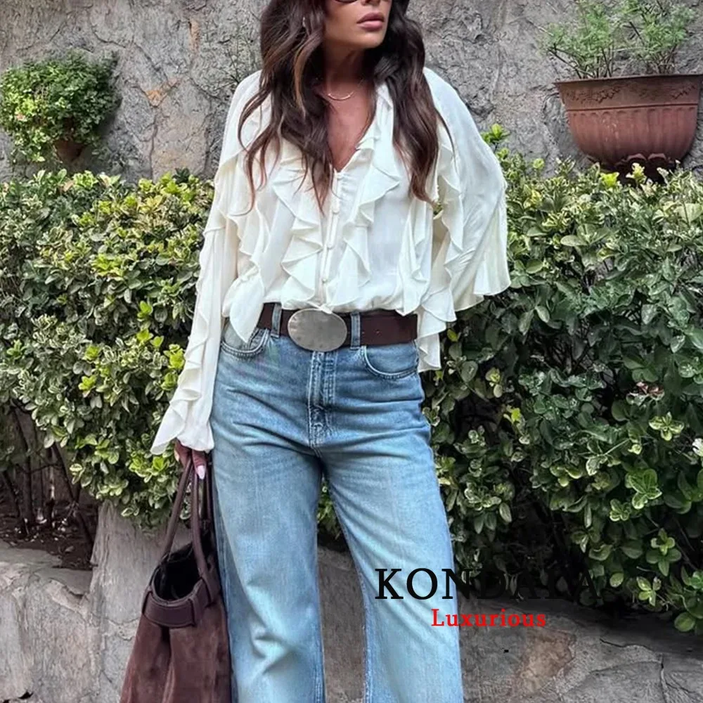 

Sexy Chiffon Chic Ruffles Shirts V Neck Long Sleeve Transparent Loose Blouses Fashion 2025 Fall Casual Office Tops