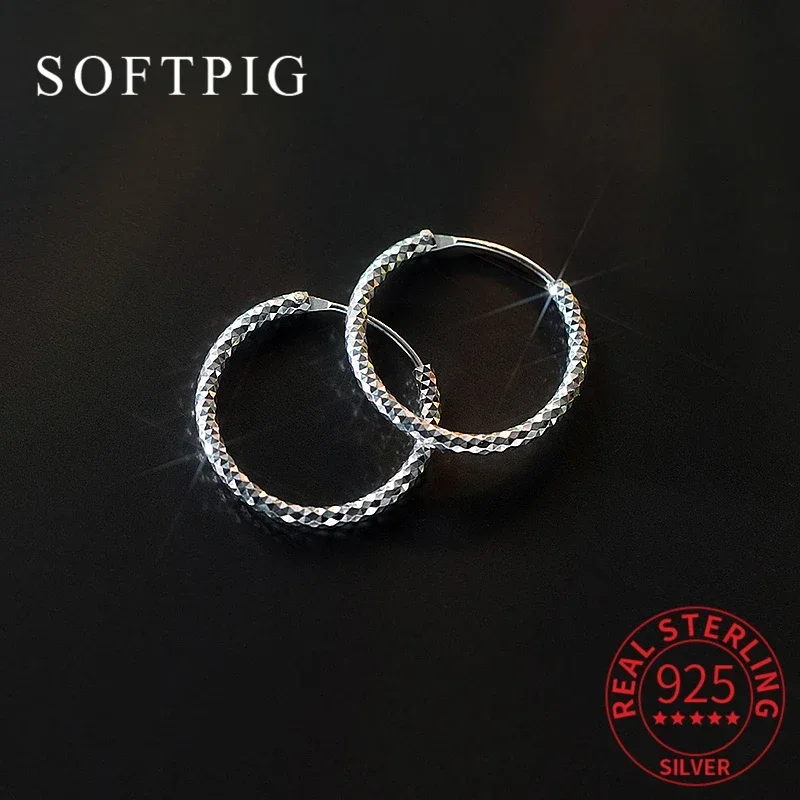 SOFTPIG Real 925 Sterling Silver 14/20MM Sparkling Hollow Circular Tube Hoop Earrings for Women Classic Fine Jewelry Accessories