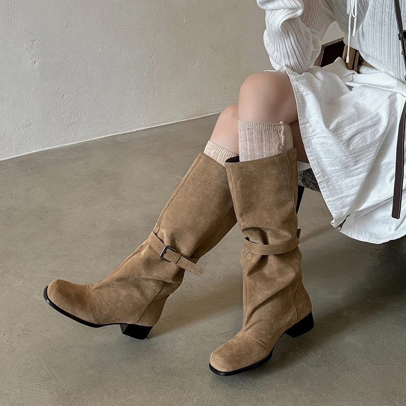Winter 2027 New Fashion Black Street Riding Boots Motorcycle Knight Boots Chunky Heel Casual Leather Rider Shoes Lady Knee Boots