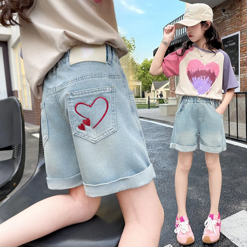 Shorts de mezclilla finos de verano para niñas, pantalones capri para niñas medianas y grandes, pantalones casuales de mezclilla suave y shorts adecuados