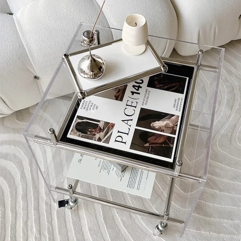 Acrylic mobile trolley side rack transparent corner bedside table ins Internet celebrity stainless steel storage rack